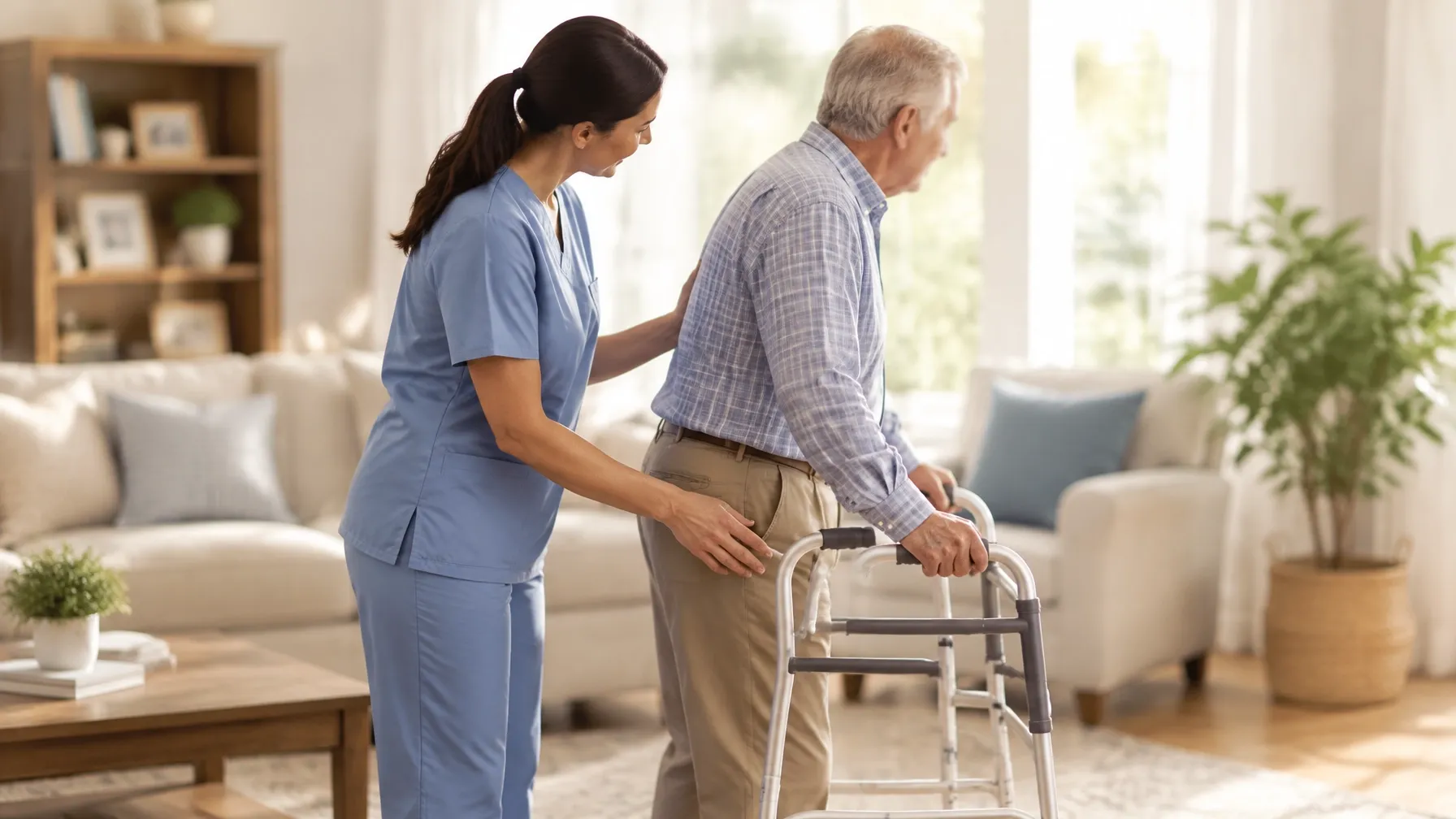 Warm home health visit with a professional supporting an adult using a walker, with faces softly out of focus and no readable records