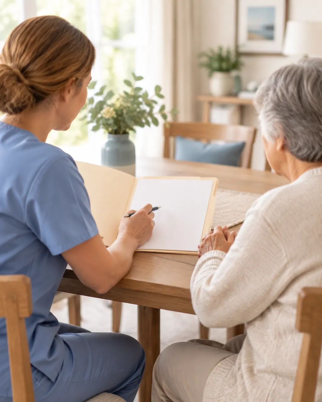 Healthcare professional and adult client reviewing a blank care plan folder at home