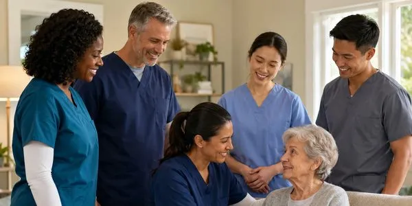 Care team gathered around an older resident in a supportive home setting