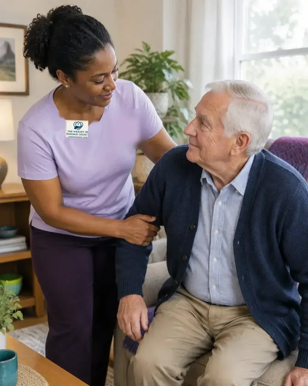 Caregiver in a light purple shirt gently helping a senior resident at home