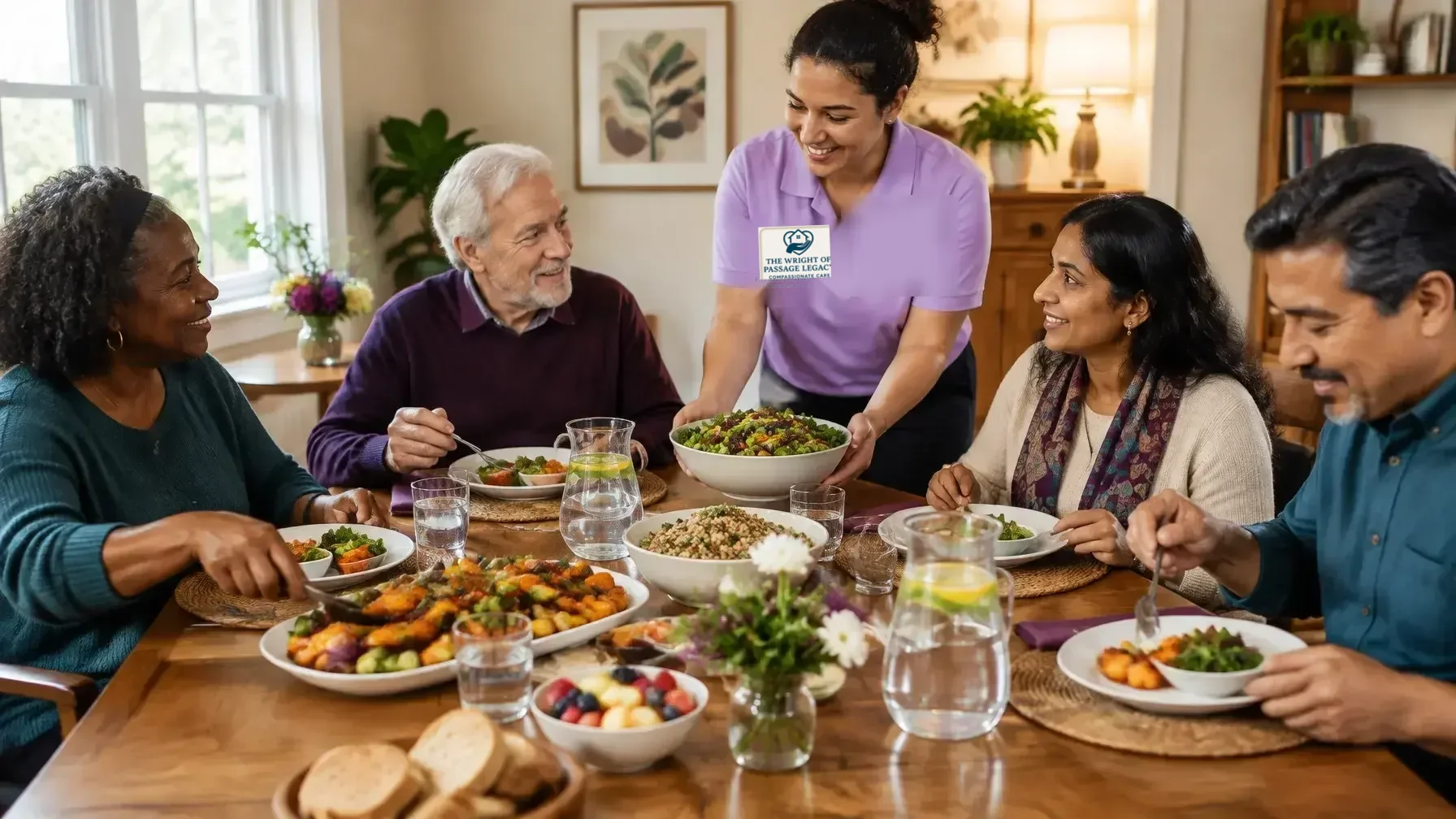 Residents and a caregiver sharing a colorful family-style meal around a dining table