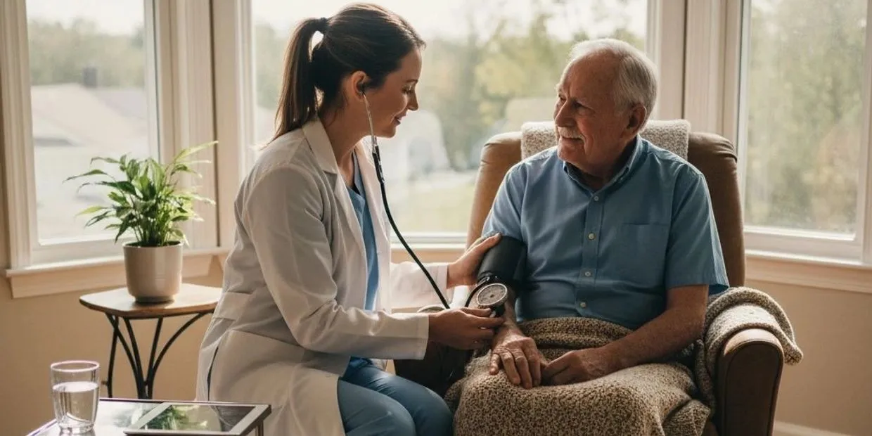 Care professional listening with an older man in a bright living room