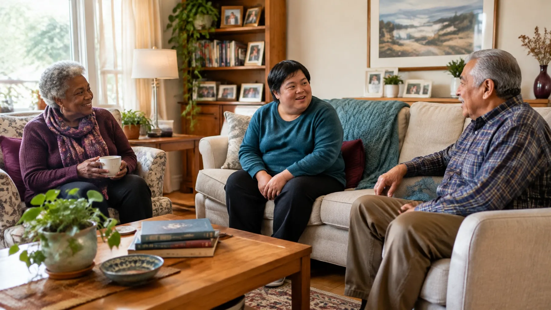 Diverse residents relaxing together in a cozy, clean family-style living room