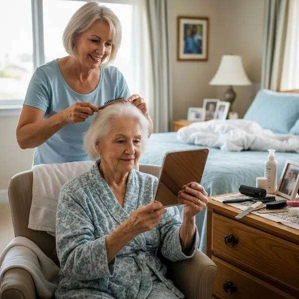 Caregiver assisting an older woman in a comfortable bedroom