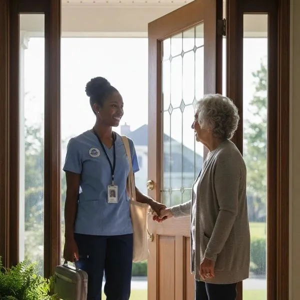 Nurse warmly greeting an elderly woman at the doorway