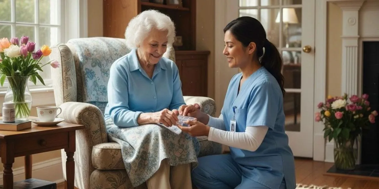 Nurse assisting an elderly woman with medication in a cozy living room