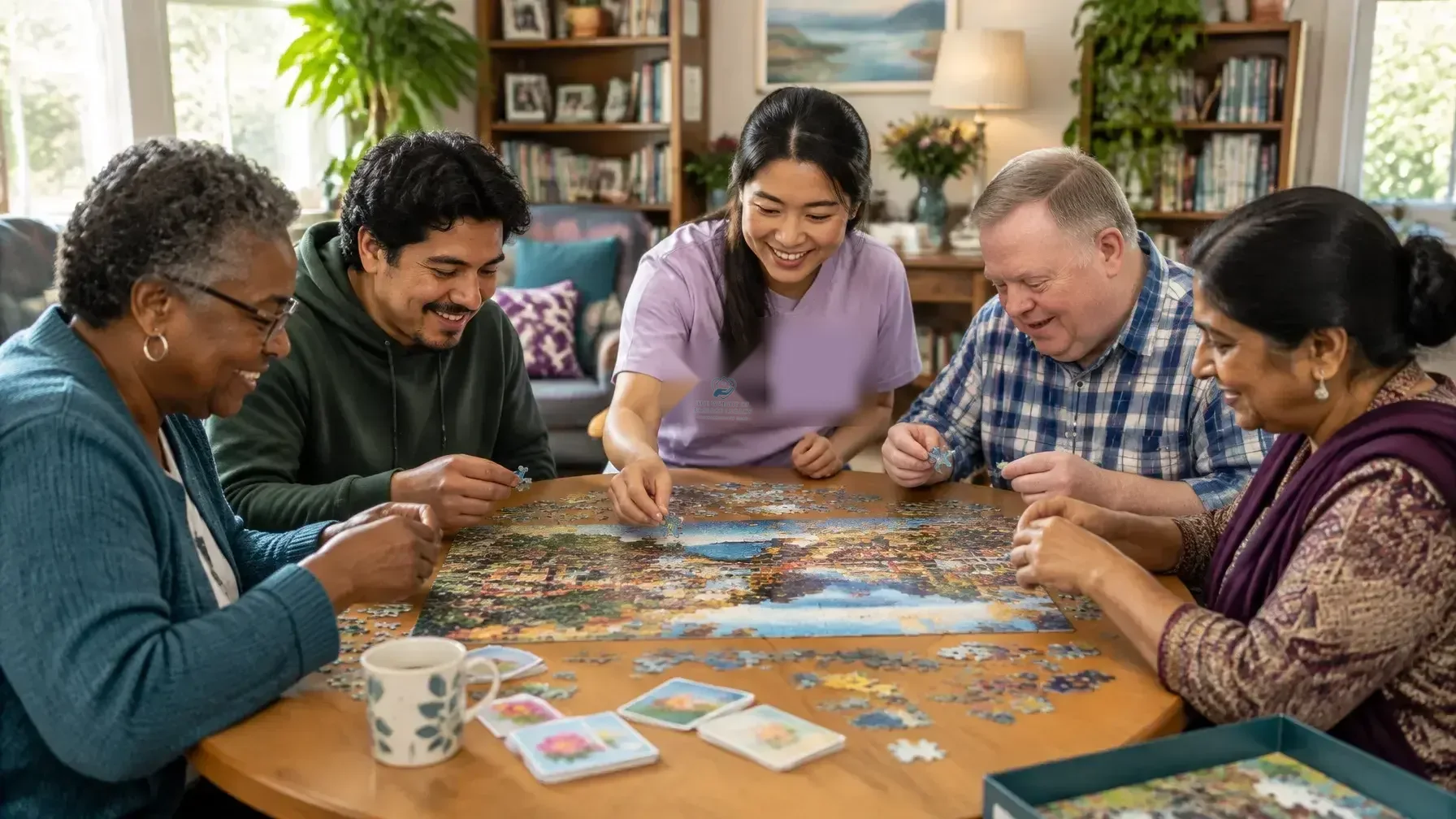 Diverse residents enjoying a collaborative puzzle activity with a caregiver