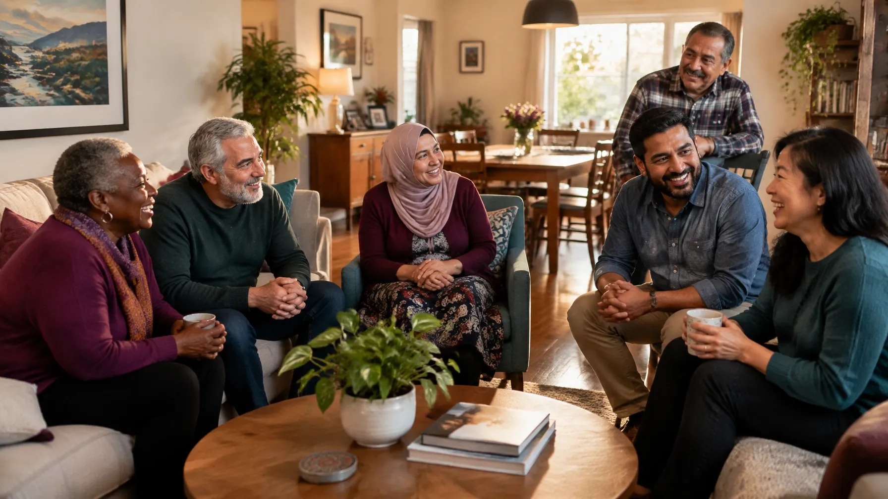 Residents from diverse backgrounds socializing in a warm home-like common room